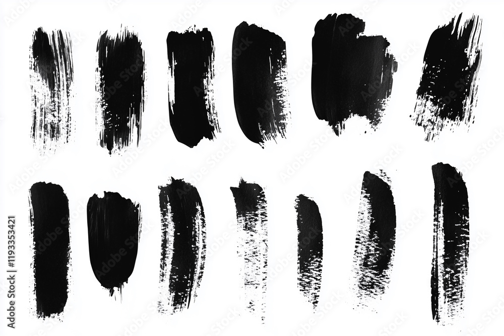 Poster series of black brush strokes on a white background. the brush strokes vary in size and shape, creat