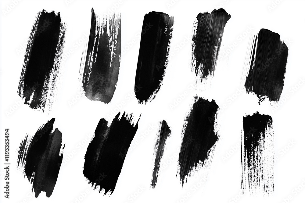 Poster series of black brush strokes on a white background. the brush strokes vary in size and shape, creat