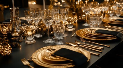 Elegant Table Setting with Glassware and Golden Decor for Celebration