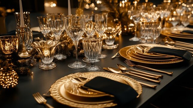 Elegant Table Setting with Glassware and Golden Decor for Celebration