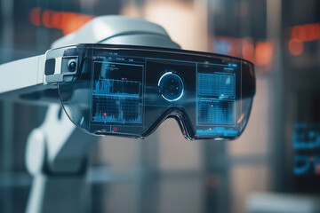  pair of virtual reality goggles with a blue screen. The goggles are attached to a robot arm