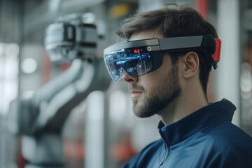 man wearing a pair of virtual reality goggles stands in front of a robot. Concept of technological advancement and innovation, as the man is likely testing or working with the robot