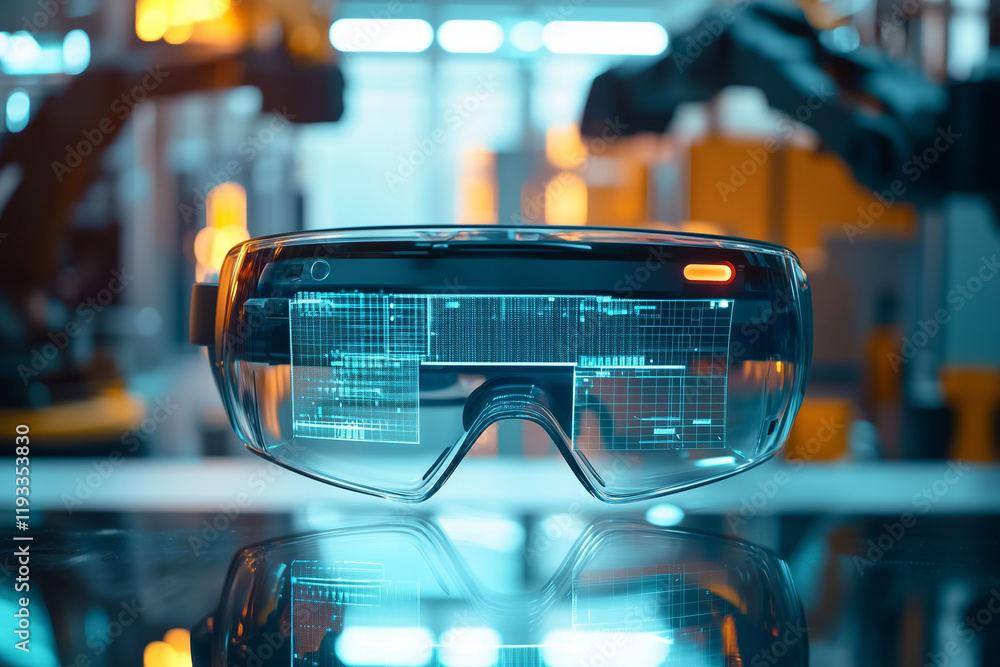 Poster pair of blue virtual reality goggles with a blue screen. the goggles are on a table in front of a ro