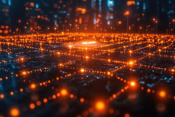 Obraz premium Bright orange lights illuminate a digital cityscape at night with glowing networks and pathways