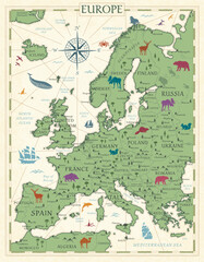 Obraz premium Europe Map Retro Vintage Ancient Cartoon - stock vector colored illustration with layers