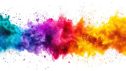 Colorful rainbow powder explosion on a transparent background. Explosive burst of vibrant rainbow colors. Colorful rainbow holi paint color powder explosion isolated white wide panorama background. 