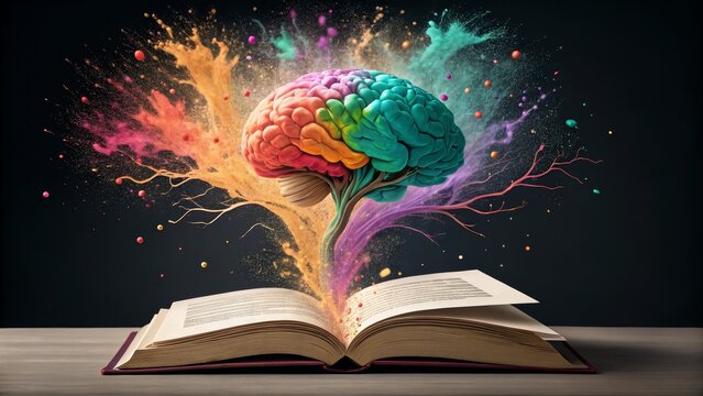 Colorful Brain Exploding from Open Book Knowledge, Imagination, 3D Render, Creativity Keywords Brainpower, Education