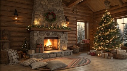 Cozy Christmas Cabin Stone Fireplace, Decorated Tree, Warm Lighting, 3D Render. Christmas Decor, Winter Scene