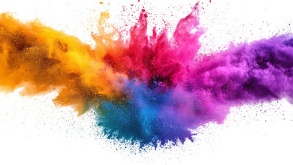 Colorful rainbow powder explosion on a transparent background. Explosive burst of vibrant rainbow colors. Colorful rainbow holi paint color powder explosion isolated white wide panorama background. 