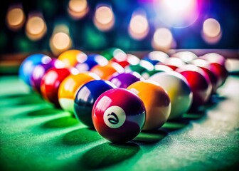 Colorful Billiard Balls on a Pool Table, Classic Game of 8-Ball