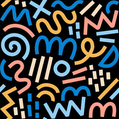 Memphis geometric seamless pattern. Multicolor abstract background in retro 80s, 90s style with various shapes: circles, semicircles, dots, zigzags, spirals, wavy lines. Cute kid doodle design.	