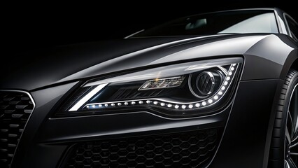 Dark Sports Car Headlight Detail Close-up Composition, LED Lighting, Luxury Concept, Automotive Design Sports Car, Headlights