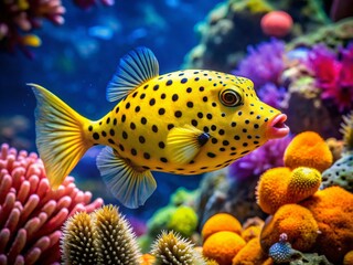 Fototapeta premium Colorful Boxfish Swimming Near Vibrant Coral Reef - Underwater Stock Photo