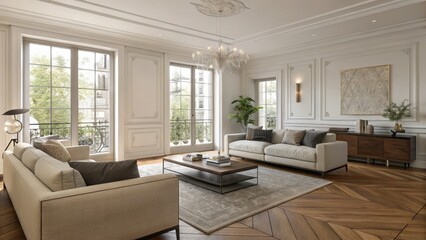 Elegant Living Room Classic Design, Herringbone Floor, 3D Rendering, Interior Design Interior Design, 3D Rendering