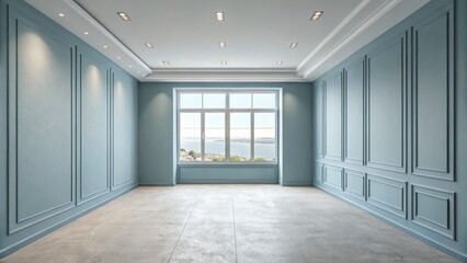 Empty Room with Ocean View Grey Floor, Blue Walls, Classic Molding, Recessed Lighting, Interior Design. Interior design, Room visualization