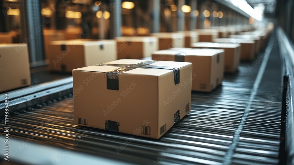Poster stacked cardboard boxes on conveyor belt in modern warehouse showing efficient packaging and distrib