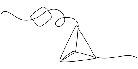 one continuous line drawing of tea bag.one line drawing of tea bag icon.single line vector illustration.isolated white background, One continuous line drawing of paper tea bag. Hot herbal drink. 
