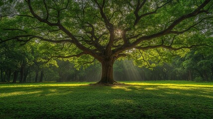 Obraz premium Majestic Tree Bathed in Sunlight, Serene Nature Landscape