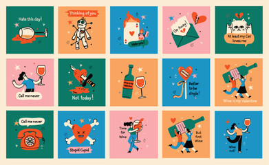 Groovy valentine s day greeting cards with funny quote and illustrations. Anti Valentines day poster for t shirt design, textile print and gifts design. Vector illustrations