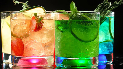 Cocktail glasses decorated with brightly colored fruit and ice glisten in the light, radiating an atmosphere of festivity and freshness, inviting you to enjoy.