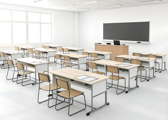 Naklejka premium Back To School Learning Empty Classroom Furniture Education Study Desk Chair University Office Photography Interior Science E-Learning Creative Design Campus Wood Room Decor Tuition Conference