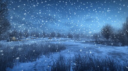 Fototapeta premium Snowy winter landscape with a blue sky and falling snowflakes, perfect for Christmas and New Year celebrations.