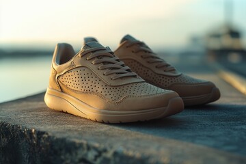Naklejka premium Tan athletic sneakers on stone ledge at sunset by water.