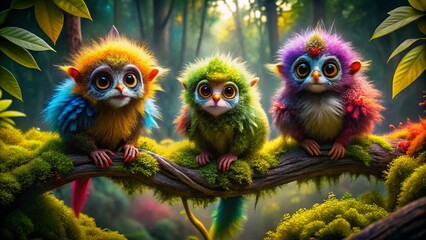 Fototapeta premium Colorful Fuzzy Creatures on Mossy Branch - Fantasy Nature Stock Photo
