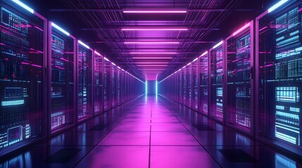 Fototapeta premium Neon Lit Server Room Corridor Data Center