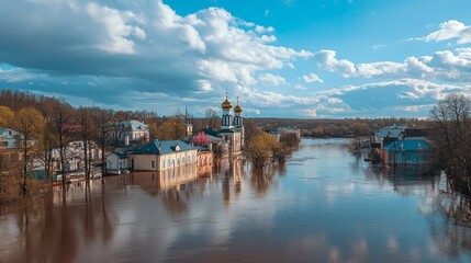 View of the spring flood of the Sorot river from Savkina Hill in Russia's Pskov region.