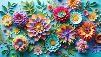 Colorful Handmade Papercut Flowers on Light Blue Background -  Vibrant Spring Floral Art