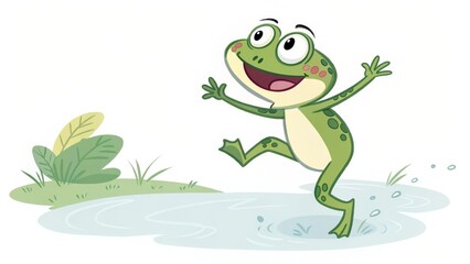 Fototapeta premium Joyful Frog Leaping into Pond Cartoon Illustration, Digital Painting, Amphibian Fun, frog illustration, pond illustration Cartoon,Amphibian