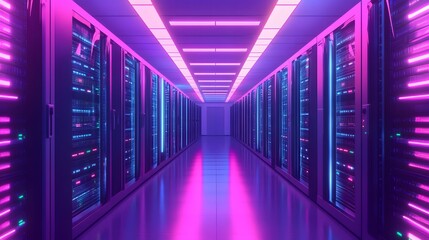 Fototapeta premium Neon Lit Server Room Data Center Corridor