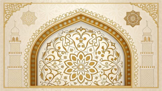 Islamic Archway with Golden Floral Mandala Digital Painting, Beige and Gold, Mosque Design, Arabic Pattern Islamic art, Ramadan