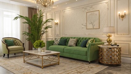 Luxurious Green Living Room Classic Composition, Gold Accents, Interior Design, Luxury Interior Living Room, Interior Design