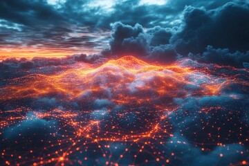 Naklejka premium futuristic cloud computing technology illustration, showcasing interconnected data networks and digital landscapes, radiating innovation and progress