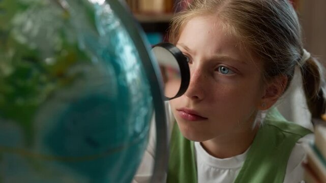 Close up curious Caucasian little girl teen child kid schoolgirl school student pupil using magnifier looking at world globe inspecting map geography lesson exploration studying learning in classroom