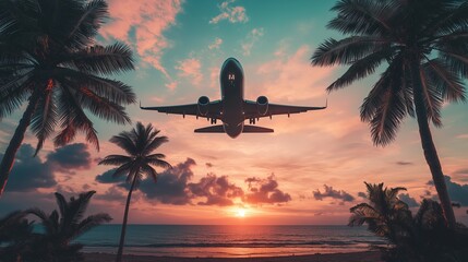 Airplane Silhouetted Against Vibrant Sunset Flying Over a Scenic Beach With Tropical Palm Trees