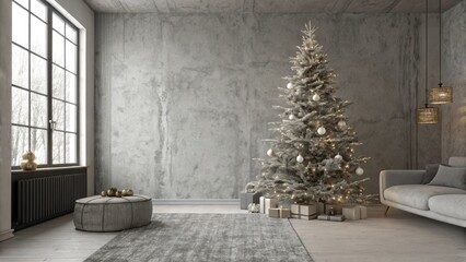 Modern Christmas Interior Grey Concrete Wall, Silver Tree, Cozy Sofa, 3D Render, Christmas Decor, Winter Scene Christmas, Interior Design