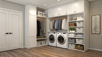 Modern Laundry Room Design White Cabinets, Washer Dryer, Storage, 3D Render, Home Organization. Laundry room, home decor