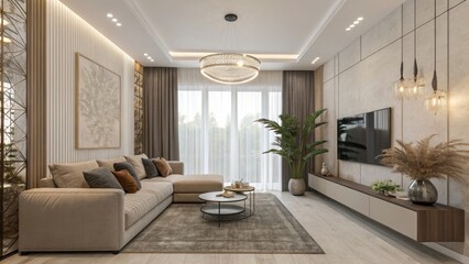 Fototapeta premium Modern Living Room Interior Design Beige Sofa, Neutral Palette, Contemporary Lighting,L-Shaped Sofa, Neutral Decor, Interior Design, Home Decor Modern