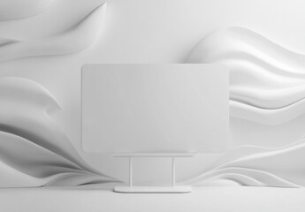Featuring a blank whiteboard mounted on a stand, this modern exhibition space showcases an abstract textured white wall design. The minimalist setting highlights creativity and organization.