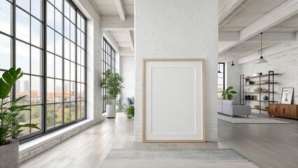 Modern Loft Interior with Large Frame Mockup, White Brick Wall, Wooden Floor, Minimalist Design Mockup, Interior Design