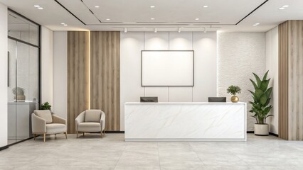 Obraz premium Modern Office Reception Marble Counter, Wood Paneling, Minimalist Design, 3D Render, Interior Design Reception desk, office design