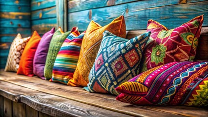 Colorful Pillows on Wooden Table - Close Up View with Copy Space