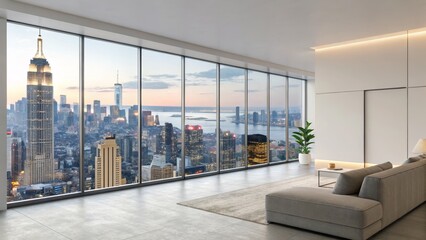 Modern Penthouse Apartment with NYC Skyline View Floor Plan, Interior Design, 3D Render, Luxury Living Penthouse, Apartment, NYC