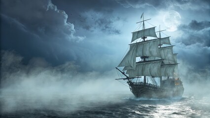 Obraz premium Mystic Galleon Digital Painting of a Sailing Ship at Night, Fantasy Seascape, Moonlit Ocean Keywords Digital Art, Fantasy