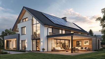 Modern Solar House Dusk Exterior, A-Frame Design, 3D Rendering, Sustainable Architecture, Eco-Friendly Home Sustainable Housing, Solar Panel