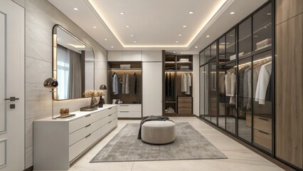 Modern Walk-in Closet Design Glass and Wood Composition, Luxury Interior, 3D Rendering,Neutral Tones Walk-in Closet, Interior Design