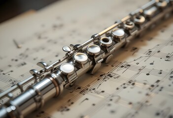 Fototapeta premium Silver flute on a musical score
